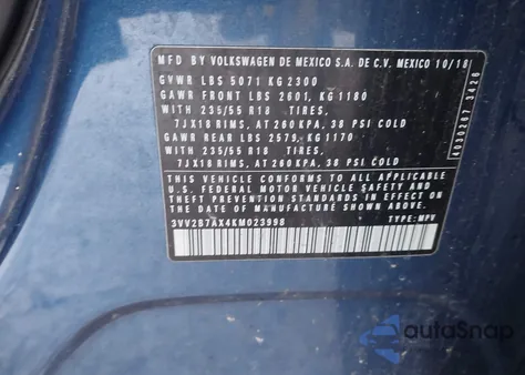 2019 Volkswagen Tiguan 2.0T Se/2.0T Sel/2.0T Sel R-Line/2.0T Sel R-Line Black z USA, uszkodzony, nr VIN 3VV2B7AX4KM023998